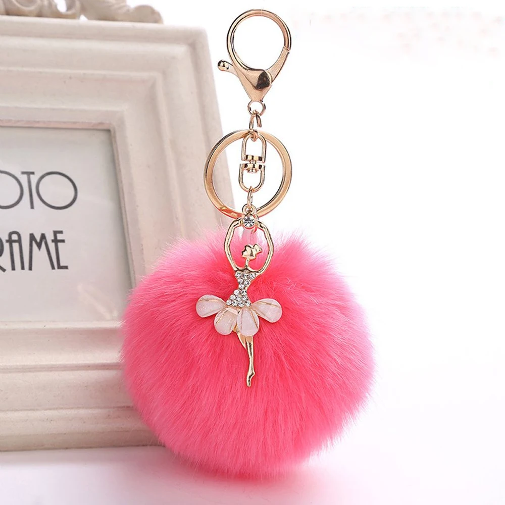 Dancing Angel Cute Fake Rabbit Fur Ball Pompom Keychain Women Bag Cars Dancing Dancer Pendants Fluffy Key Chain Keyring llavero