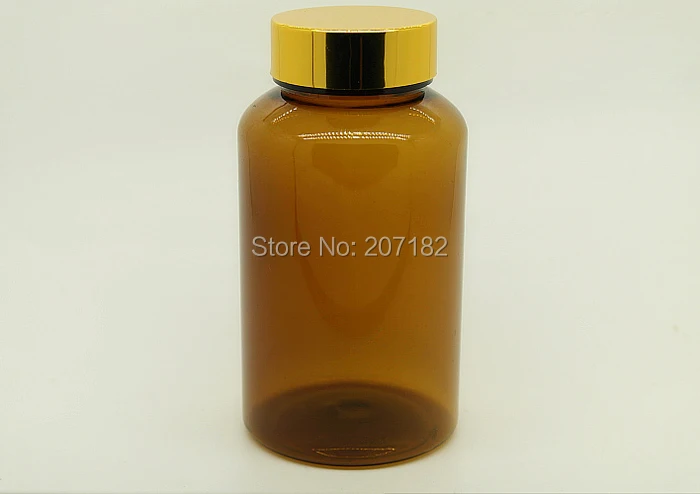 (100 unids/lote) botella PET ámbar de 200ml/200CC, botella de polvo, botella de medicina de alta calidad ---- tapa de Metal dorado brillante Scew