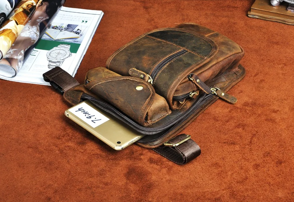 Çılgın at deri erkekler tasarım Vintage Messenger Tablet tek kollu çanta çok fonksiyonlu seyahat Fanny bel kemeri paketi bacak çantası erkek 3112