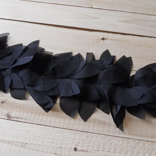 2 Yards Black Chiffon Leaves Trim 3D Florals Lace Fabrics Accessories Holiday Costum Party Decors Supplies,  FT003bla