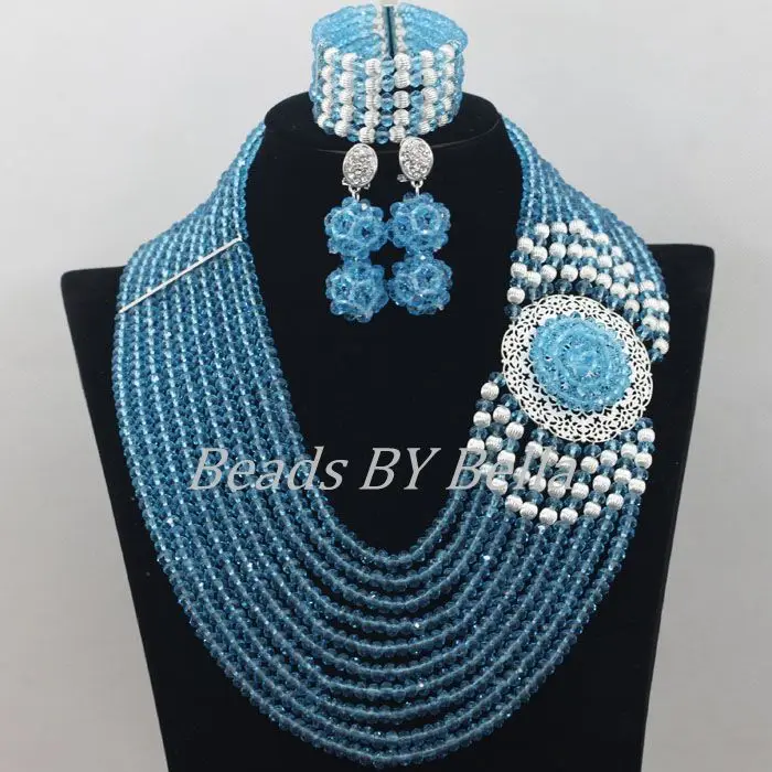 Hot Sale Bridal Jewelry Sets Sky Blue Crystal Beads Nigerian Wedding African Beads Jewelry Set Necklace New Free Shipping ABF571