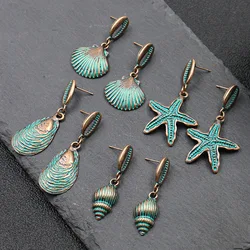 New 1 Pair 4.3-5.3mm Retro Patina Plated Zinc Alloy Green Sea Shells Earrings for Women's Fashion Jewelry Gift Date and Party