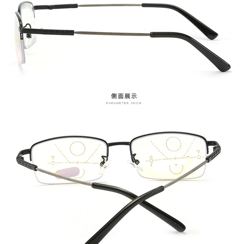 Progressive Multifocal Reading Glasses Half-rim Memory Leg Titanium Alloy Glasses Frame See Near And Far TOP 0 ADD +0.75To +4