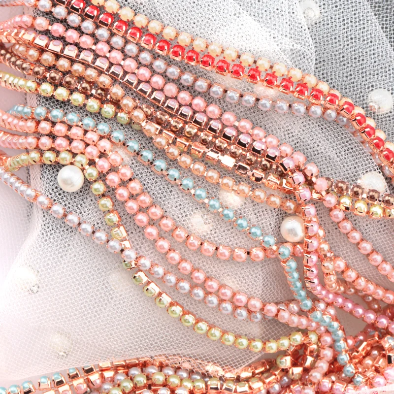 2Yard/10Yards Pearl Copper Rhinestone Chain Base Cup  Pearl Chain For Sewing DIY garment accessories trim  ABS SS6/2mm 9 Colors