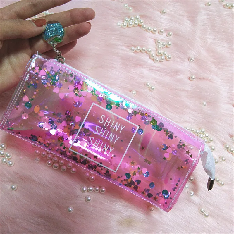 Fashion Hologram Harajuku Metallic Color Sequin Transparent Laser Pencil Case Woman Cosmetics Storage Bag Handbag Office Supply