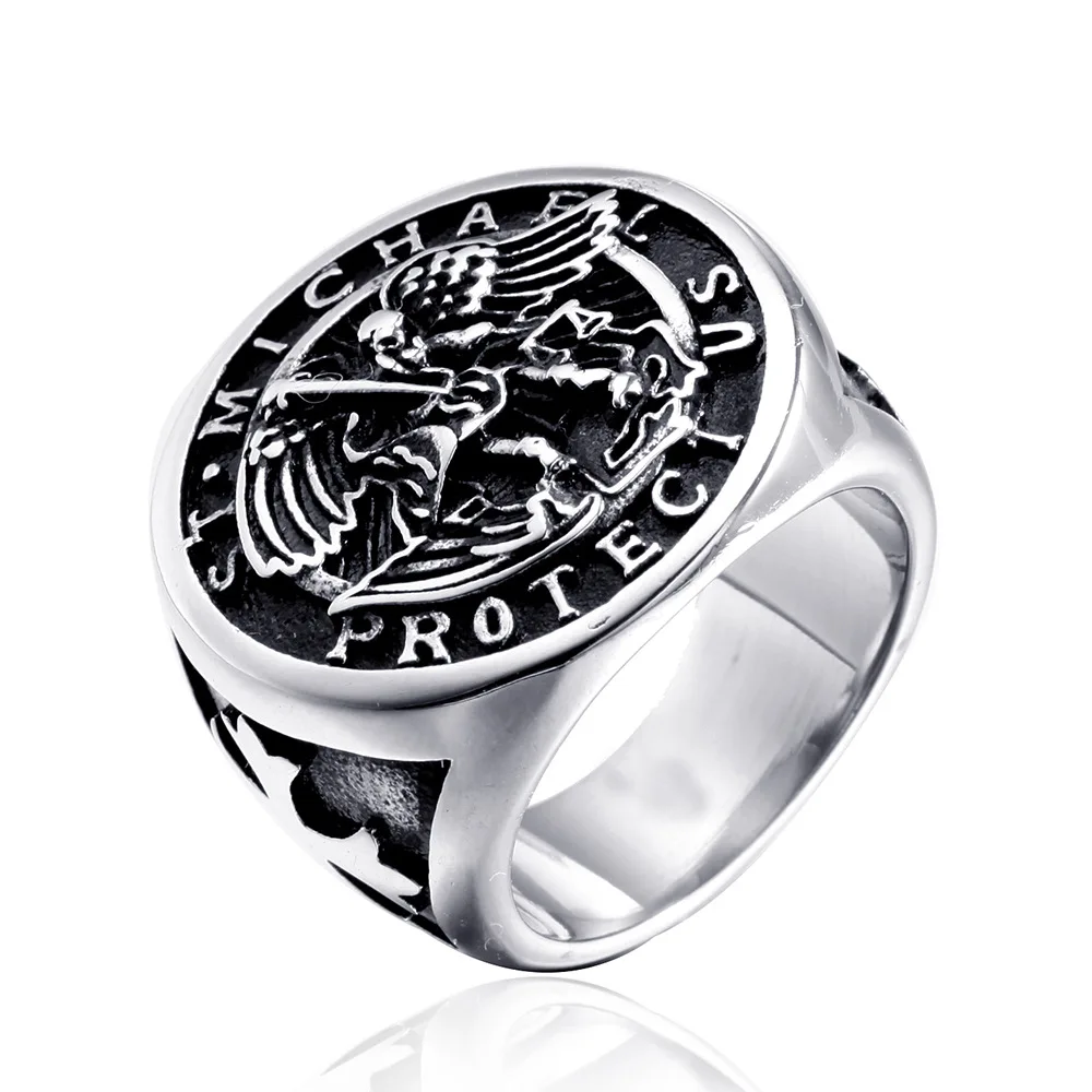 316L Stainless Steel St-Michael Men Rings Good Lucky Talisman Religious Personality Biker Ring for Men Boy Fashion Jewelry Gift