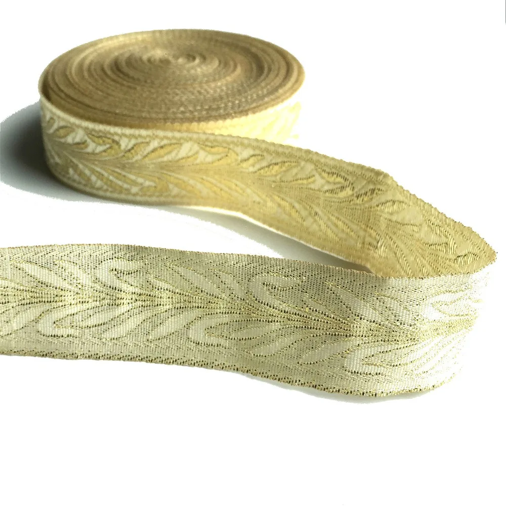 ZERZEEMOOY 1 inch 25MM 10YARD/LOT Light Gold Leaf Design Jacquard Ribbon MZZD18122601