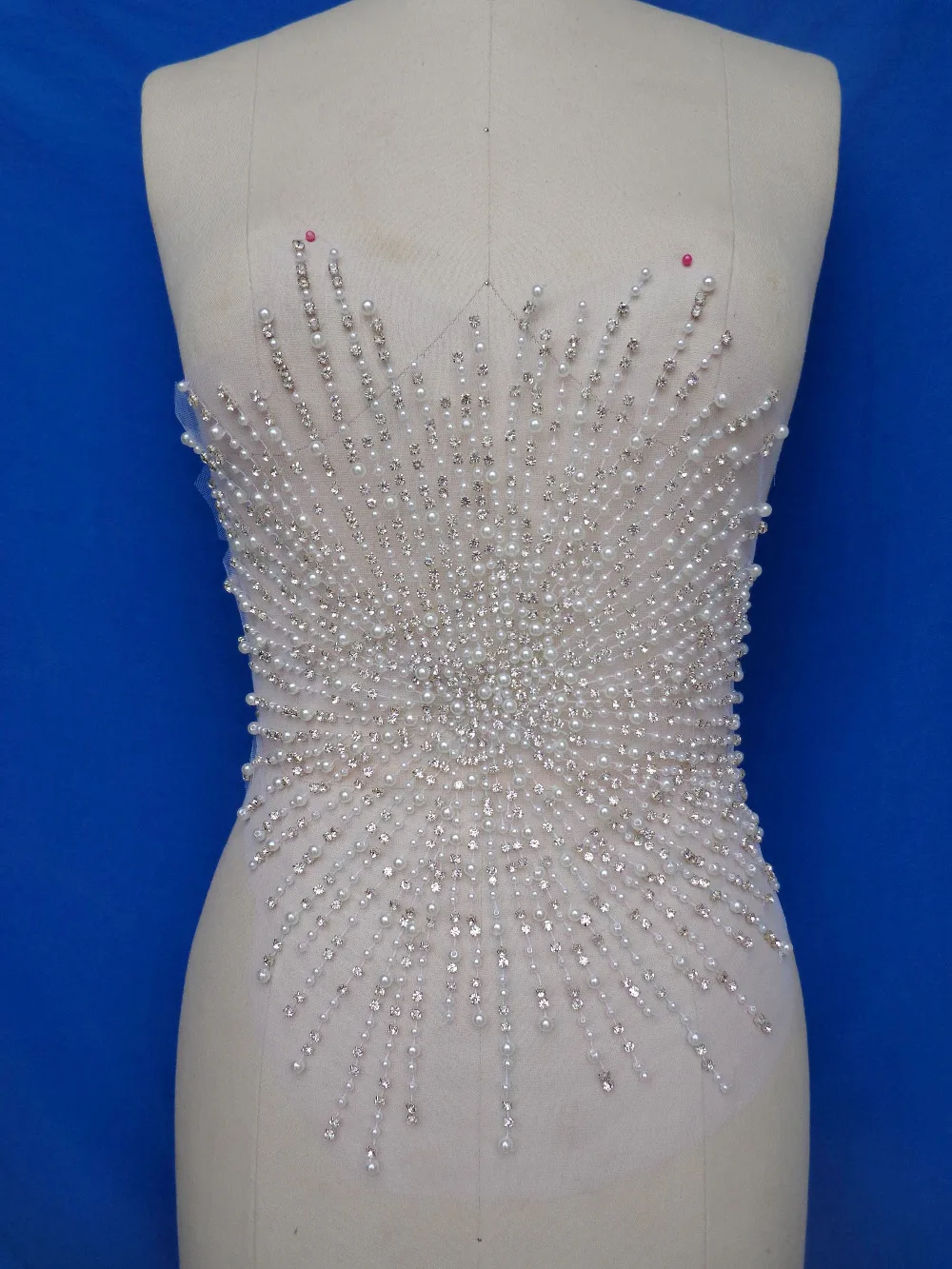 handmade silver white sew on rhinestones pearl applique on mesh crystals trim patches 40*32m for  dress DIY  accessories