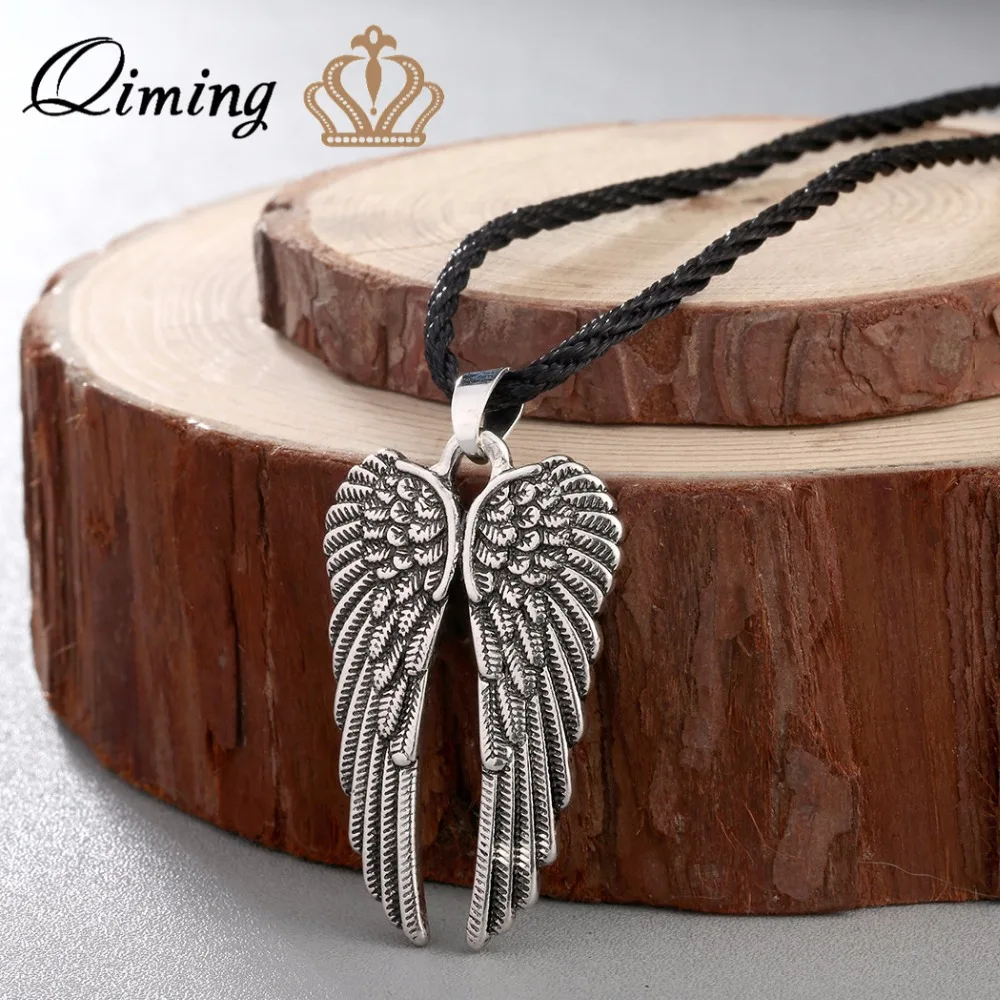 QIMING Antique fashion Angel Wings Necklace Women Angel Wings Pendant Guardian Angel Charm Collars Wing Necklace Jewelry