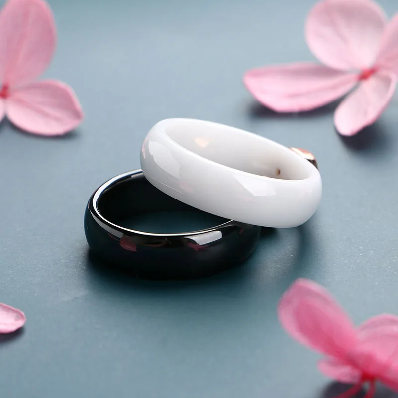 6MM Smooth Ceramic Rings for Female Rose Gold Metal Bling Crystal Black White Ceramic Rings Engagement Gift bague femme Free