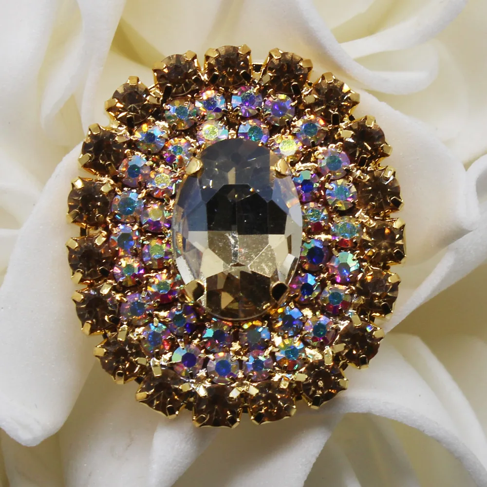 5Pcs 25*30mm Oval AB rhinestone Button clear glass gold Wedding Bride holding flowers decorate hair accessories scrapbook