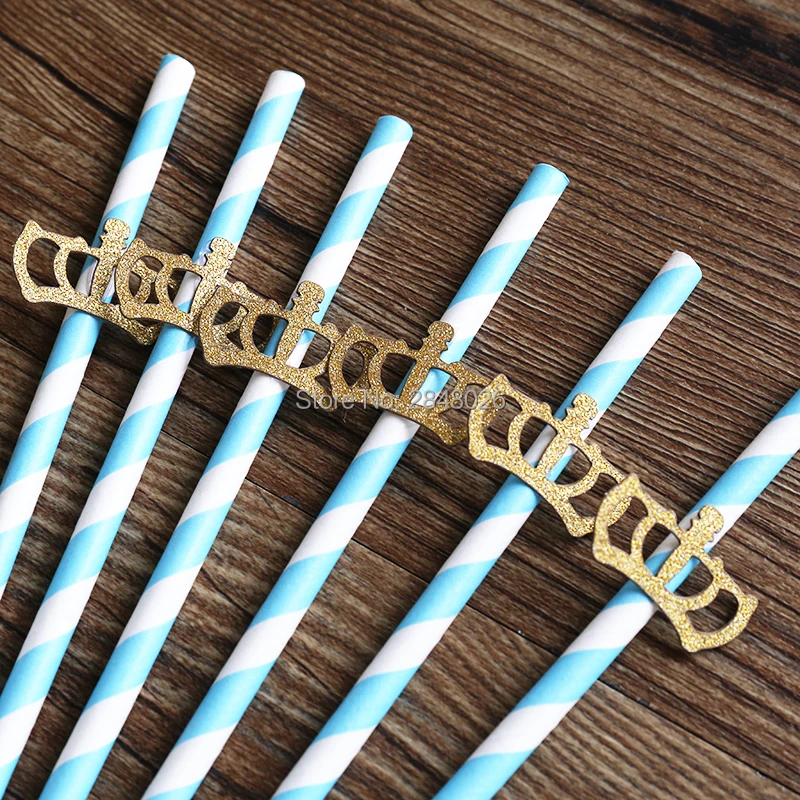 Gold CROWN on Light Blue Paper Straws. High Quality Paper Straws.Little Prince Birthday Party, Baby Shower, Party Decor.