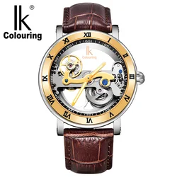 IK Coloring Male Clock Men's Mechanical Wrist Watch Bridge Leather Strap Skeleton Wristwatch Automatic reloj hombre