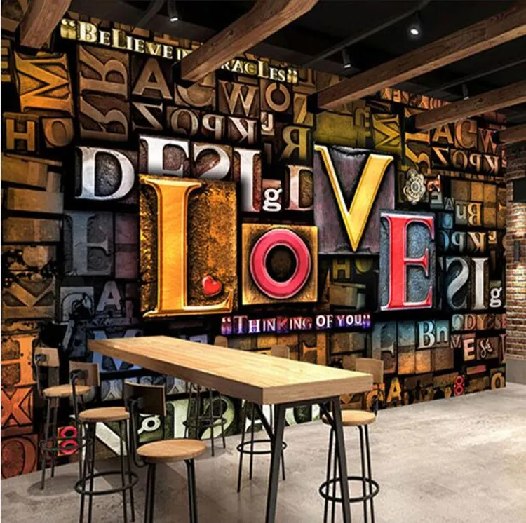 

Custom Photo Wall Paper 3D Stereoscopic Embossed Creative Fashion English Letters LOVE Restaurant Cafe Background Mural Decor