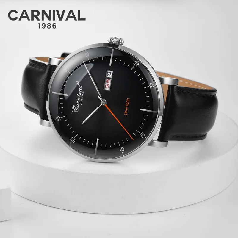 Fashion Ultra thin Royal Watch Automatic CARNIVAL High end Mechanical Watch men Calendar Week Leather Band Sapphire Waterproof