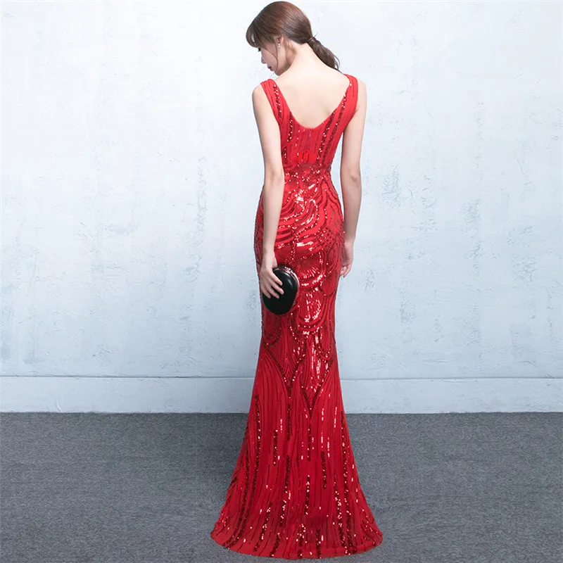 Sequined Sexy Long Night Dress Red Mermaid Cheongsam Traditional Chinese Oriental Dresses Robe Orientale Wedding Clothes