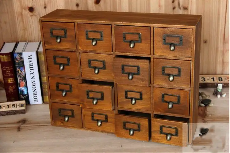 1PC Zakka 16 Lattice Desktop Drawer Storage Box Wooden Retro Creative Storage Cabinet Living Room Decoration Drawer JL 0900