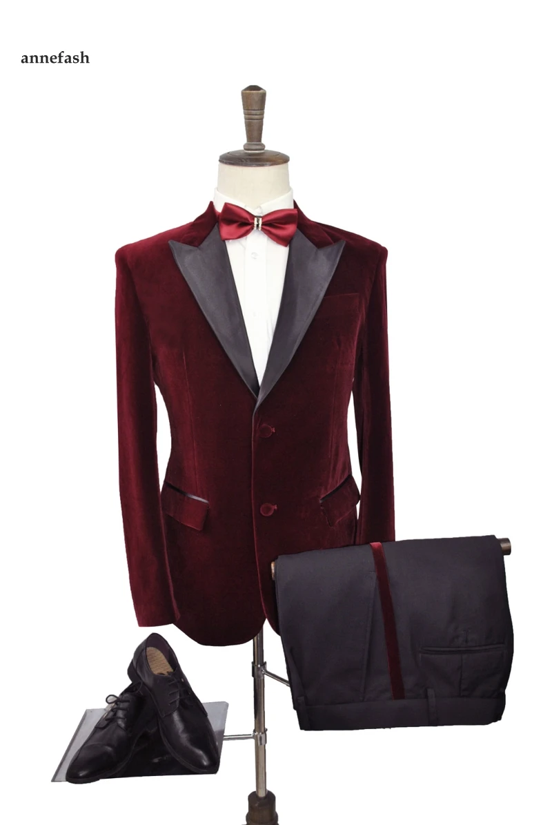 

Burgundy color velvet Groom wedding Tuxedos Custom Made Men suit wine red jacket black pants with wine red line