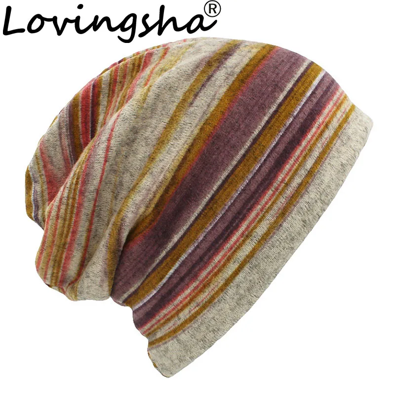 LOVINGSHA Autumn Winter Thin Women Skullies Beanies Striped Design Hats For Men Fashion Feminino Multifunction Scarf HT109