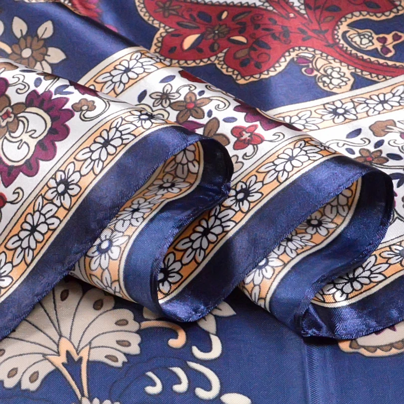 [BYSIFA] Winter Navy Blue Silk Muffler Imitated 2016 New Design Paisley Silk Scarves Wraps 90*90CM Ladies Brand Satin Scarf Cape