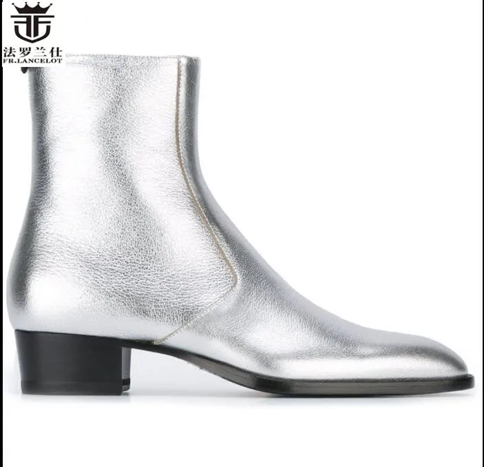 

FR.LANCELOT sliver leather pointed toe boots real leather Chelsea boots British style fashion men's gladiator booties for male