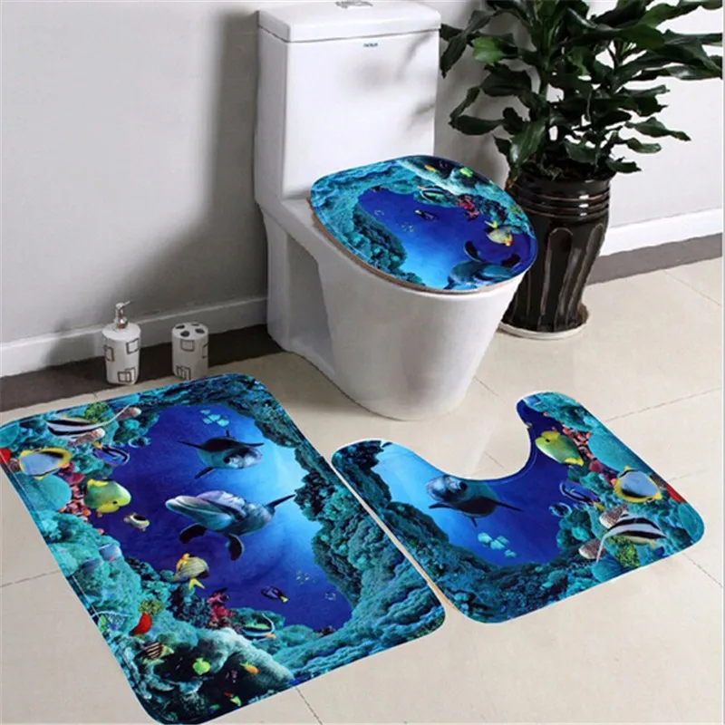 

3pcs/set Fashion Shark Blue Household Pedestal Rug Bath Mat Lid Toilet Seat Covers Set