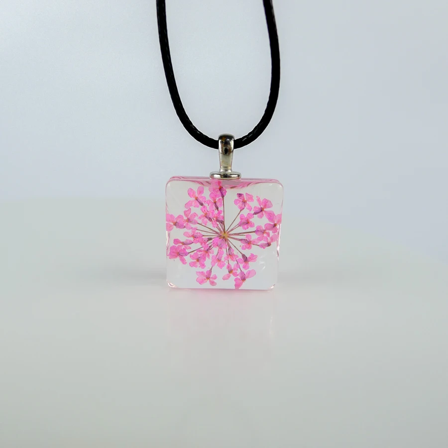 Dried Flower square glass pendants Hand Made Long necklace for women lovers #FY324