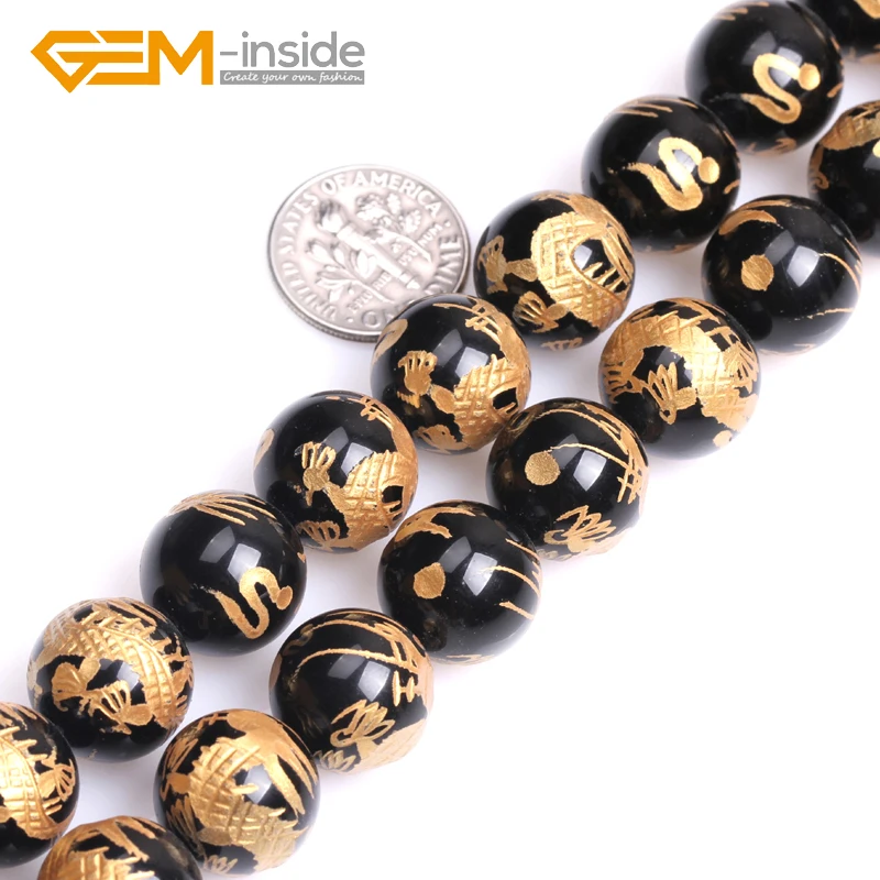 10mm-14mm Round Carved Dragon White Tiger Phenix Black Tortoise Black Agates Onyx Gem Stones Beads For Jewelry Making DIY 15