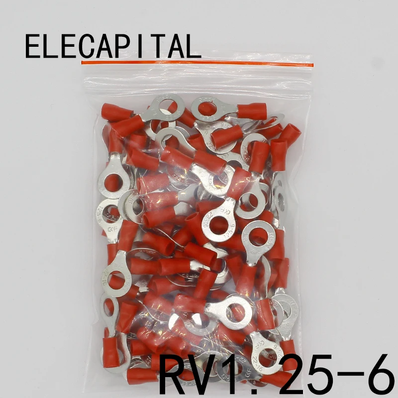 RV1.25-6 Red 22-16 AWG 0.5-1.5mm2 Insulated Ring Terminal Connector Cable Wire Connector 100PCS/Pack RV1-6 RV