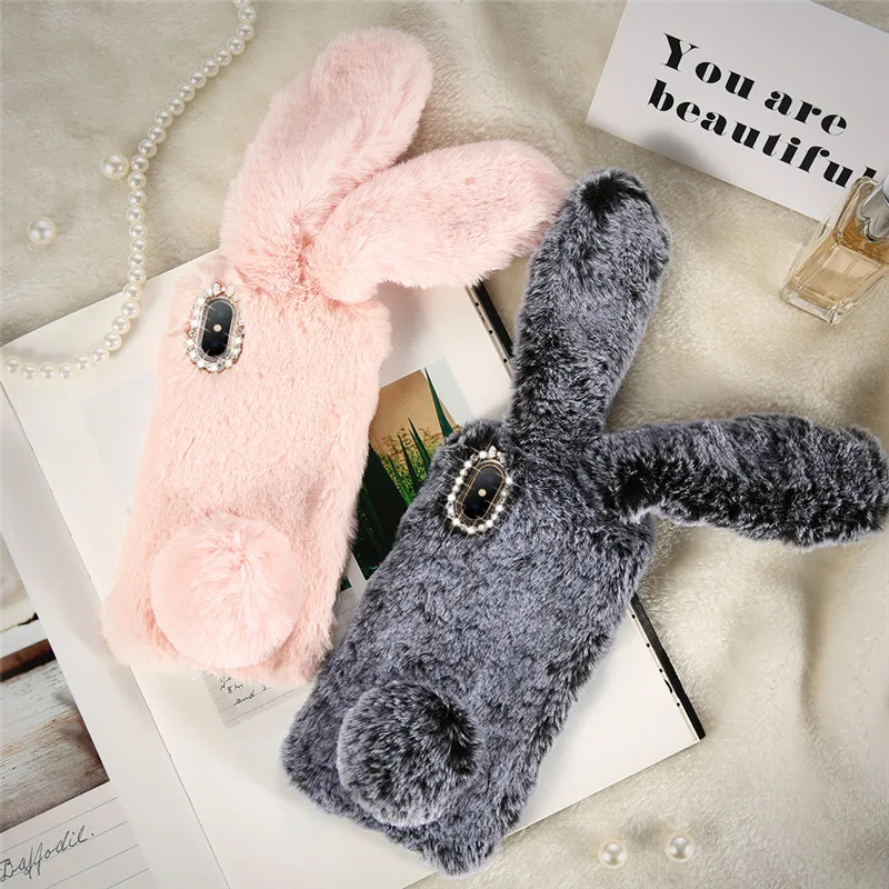 Cute Rabbit Ear Hair Case for iPhone 8 7 Plus Bunny Shape Warm Artificial Fur Bling TPU Soft Coque Capa Cover For iPhone X 10