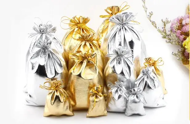 100pcs/lot 11x16 13x18 15x20 17x23cm Golden/Silver Drawstring Organza bag Christmas Wedding Gift Pouches Jewelry Packaging bags