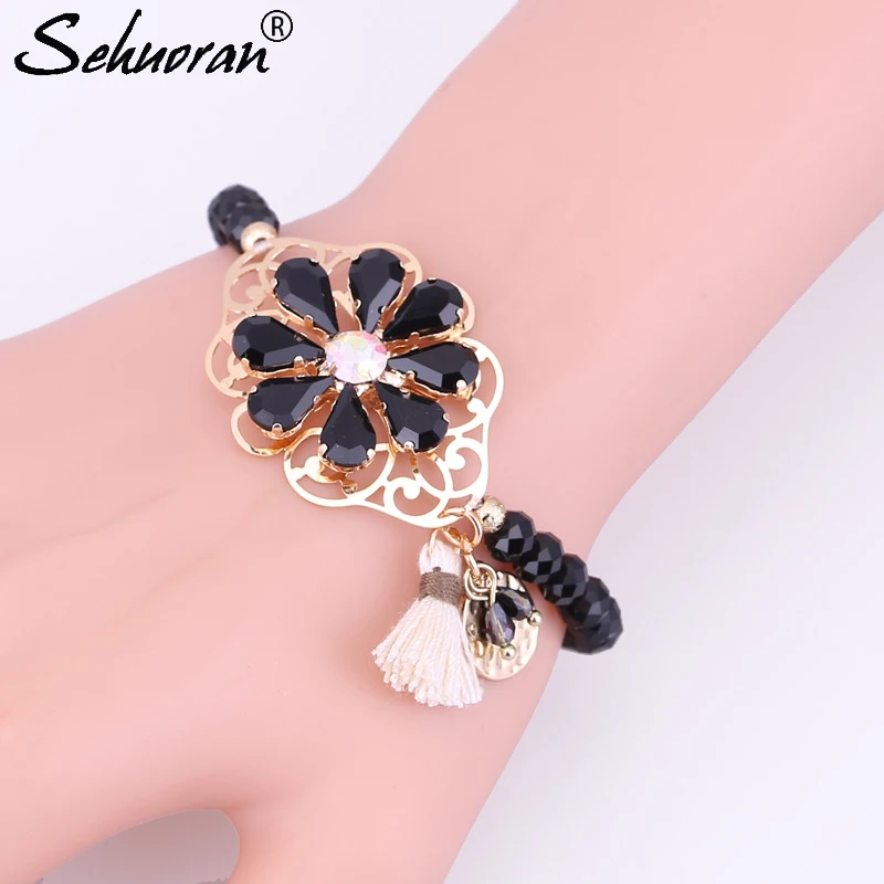 Sehuoran Bracelets & Bangles For Woman Tassel Bohemian Adjustment Crystal Armbanden Zinc Alloy Crystal Beads With Crystal Stone