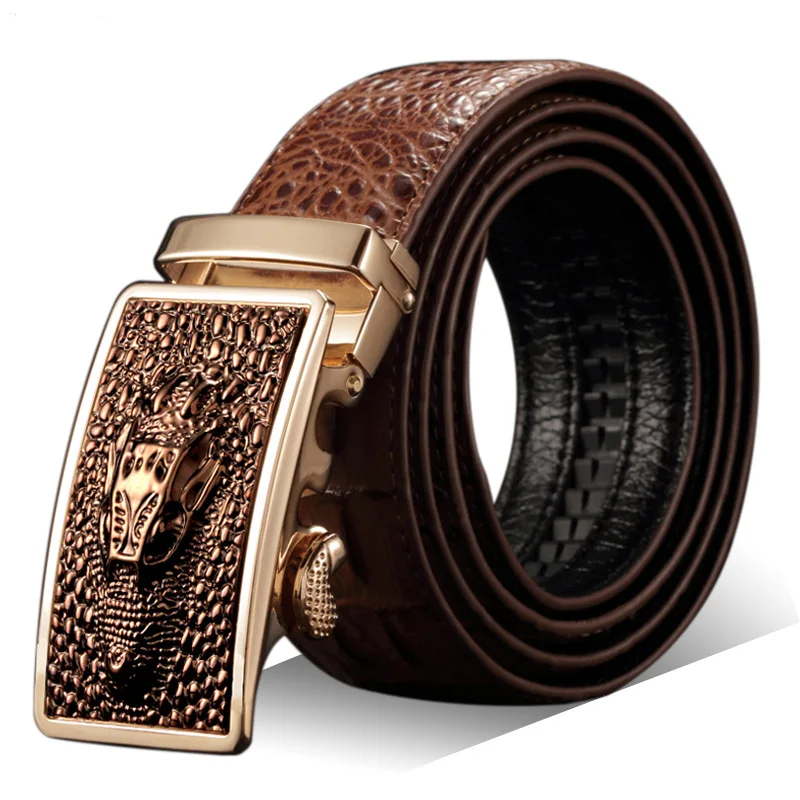 Fashion Casual Men's Leather Belts, Faux Crocodile Leather Belt Men High Quality, Crocodile Head Automatic Buckle Belt