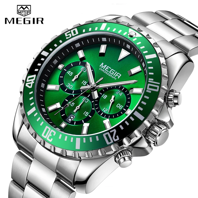 Top Brand MEGIR Men Quartz Watch Silver Steel Business Clock Chronograph Waterproof Mens Sports Watches Luxury Men\'s Wrist Watch