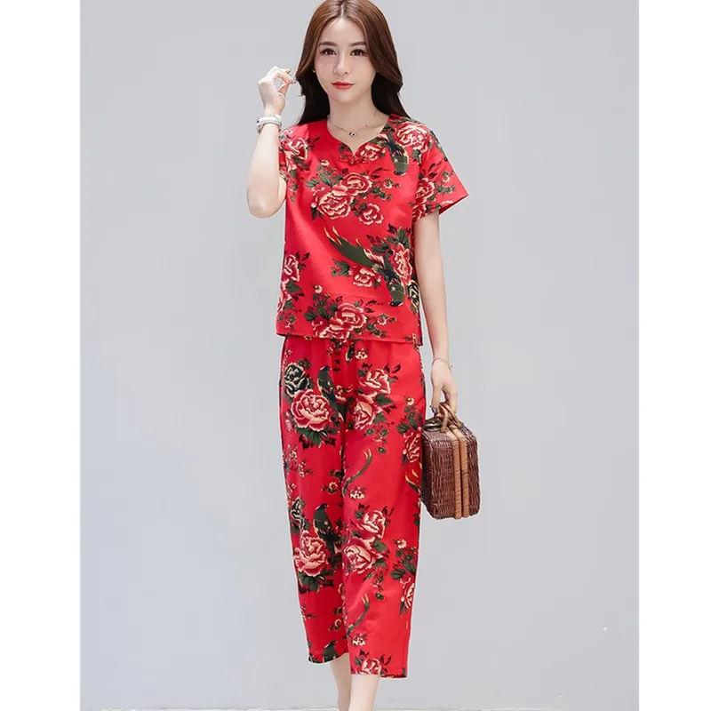 UHYTGF National Wind Sets Mulheres Soft Cotton Linen Printing Loose Summer 2 Piece Set Pullover Top + Pants Casual Suit Feminino 1417