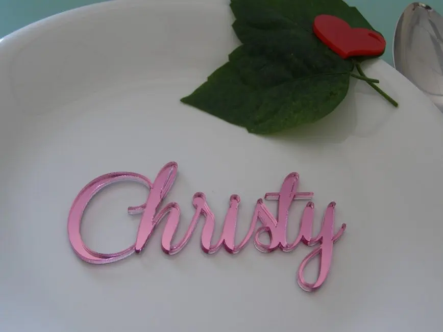 

Pink mirror Laser cut names Baby shower party Wedding place cards New baby girl Guest Names Pink Wedding party supplies