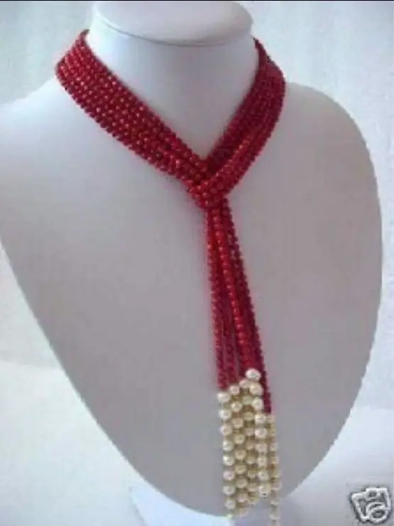 

Love Jewelry 3PC longer 4-5MM Red Coral & White Pearl Scarf Necklace For Women Rope Chain Beads Jasper Jewelry