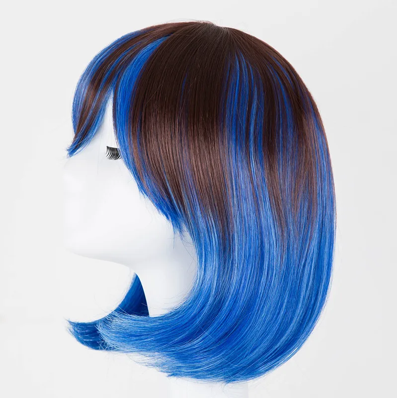 Blue and Brown Wig Fei-Show Synthetic Hair Heat Resistant Inclined Bangs Short Wavy Wigs Women Hairpiece Student Bob Hairsets