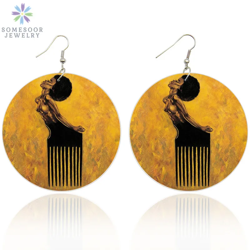 SOMESOOR Retro African Comb Wooden Drop Earrings Afrocentric Ethnic Natural Hair Wood Printed Jewelry For Black Women Gift 1Pair