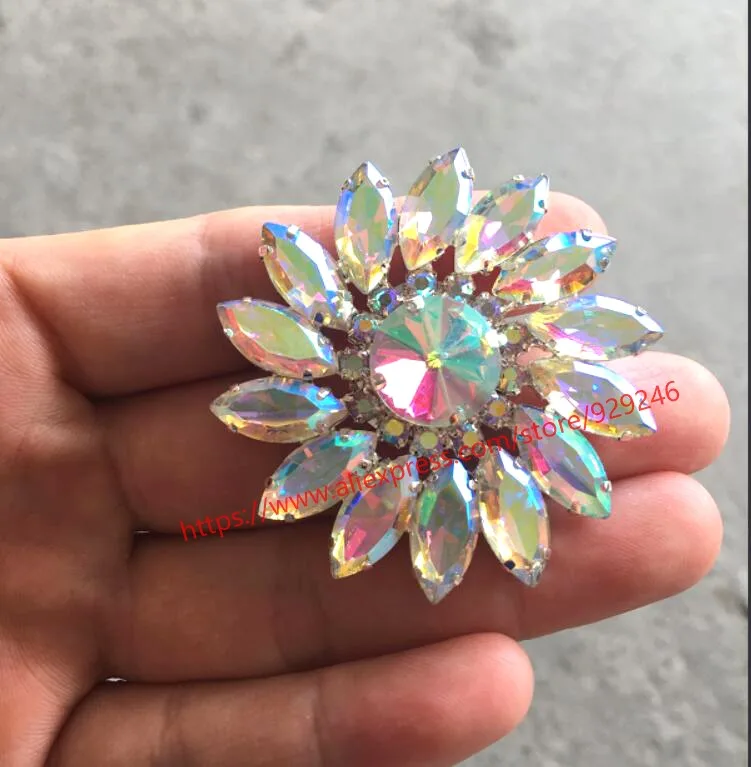 

20pcs/lot wholesale round flower crystal applique 49mm shiny AB glass rhinestone trims fashion garment clothing shoes accessory