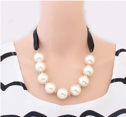 Fashion office/career(OL) style women ribbon pearl set auger necklace jewelry 2022,black ribbon gold-color pearl necklace