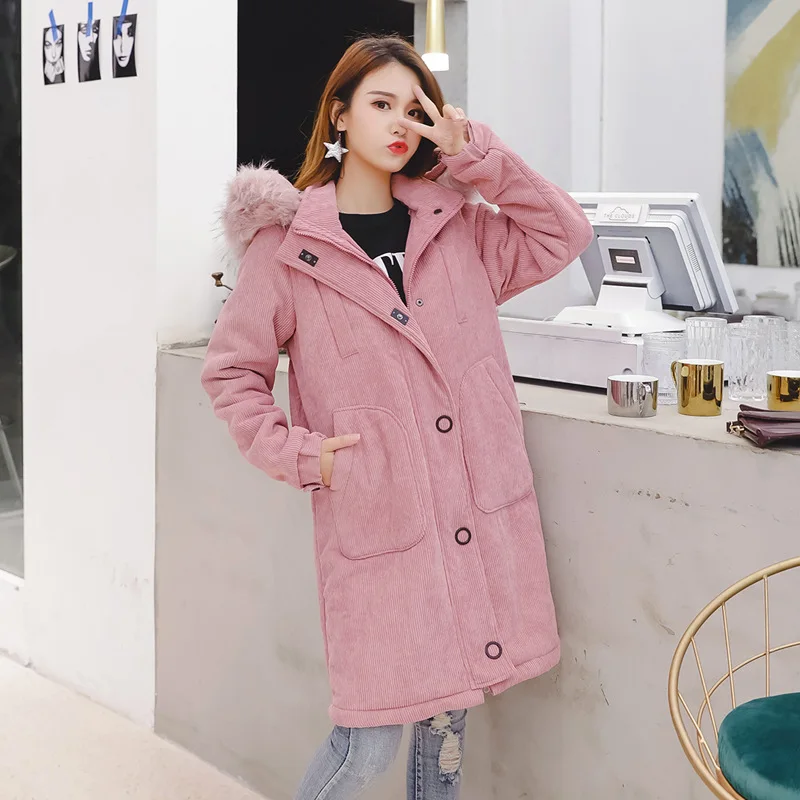 Winter Pink Long Parka Women 2019 Big Fur Collar Corduroy Cotton Coat Women Large Size Thick Cotton Jacket Winter Coat Women 5XL