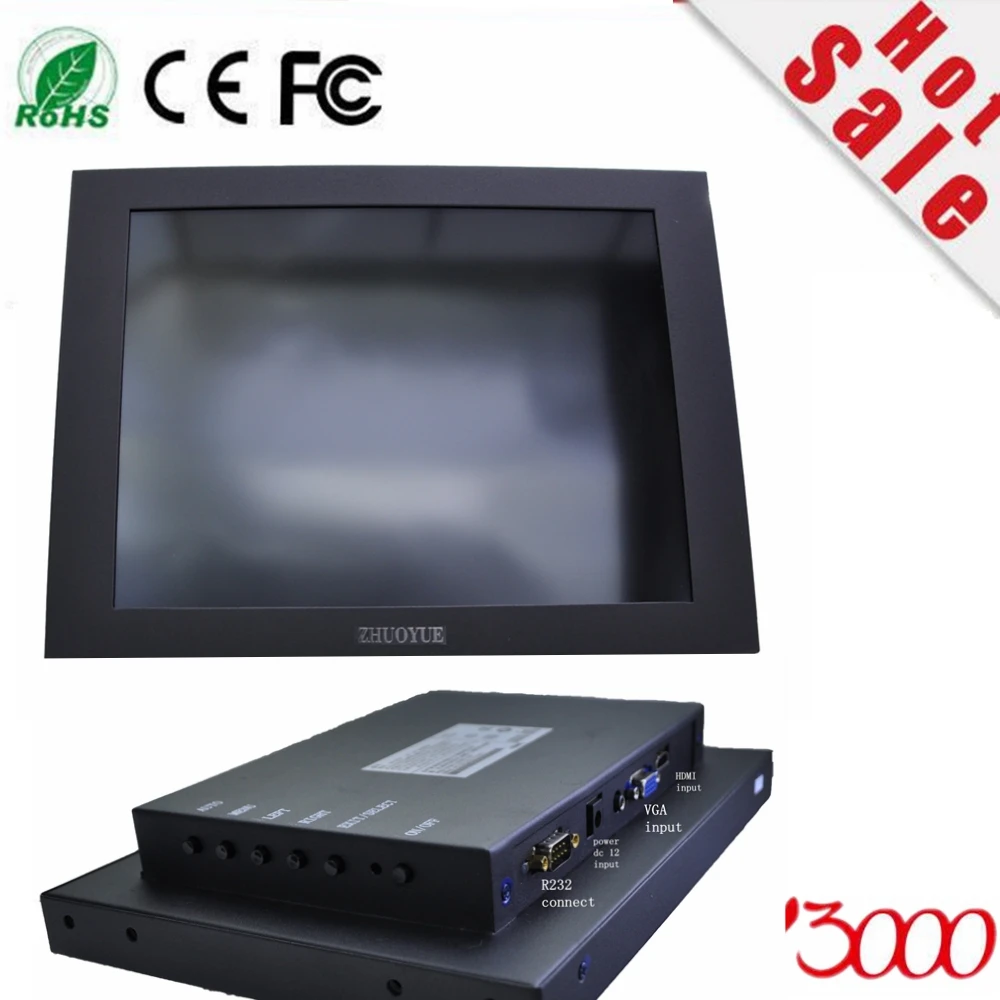 Nieuwe voorraad 12 inch waterdichte metalen behuizing HDMI VGA dc12v ingang R232 seriële controle resistieve touchscreen industriële monitor