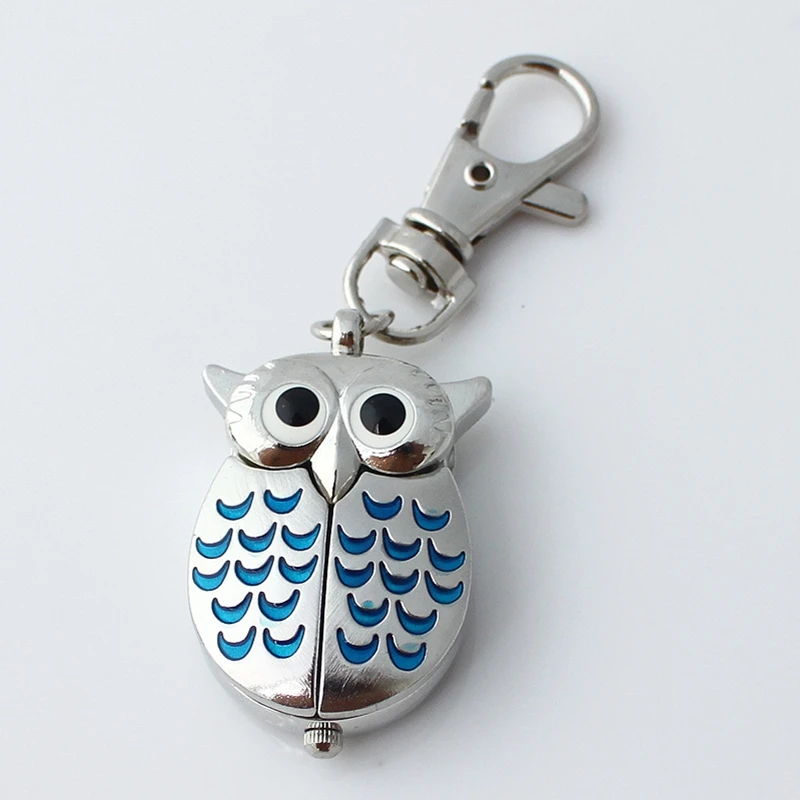 Pocket Fob Watch Mini Metal Key Ring owl Double Open Quartz Alloy Analog Watch Clock Silver for women men