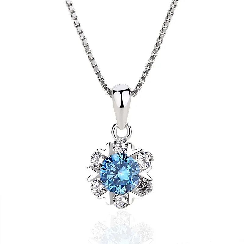 

Crystal Blue snowflake necklaces pendants lady silver 925 with Cubic Zirconia stone pendant for women jewelry accessories