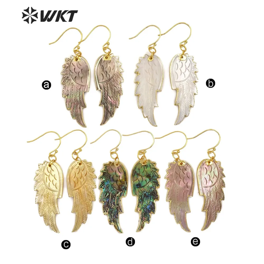 WT-E242 Gold Shell Feather Earrings Black White Yellow Rainbow Grey Color Sea With Trim Women Fashion Decoration Jewelry