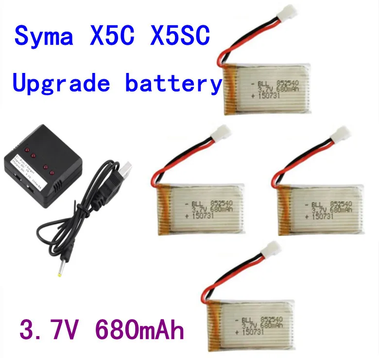 Syma X5C X5SC Parts 3.7V 680mAh Upgrade Battery & 4 In 1 X4 Lipo Battery USB Charger Spare Parts for Syma RC Drone