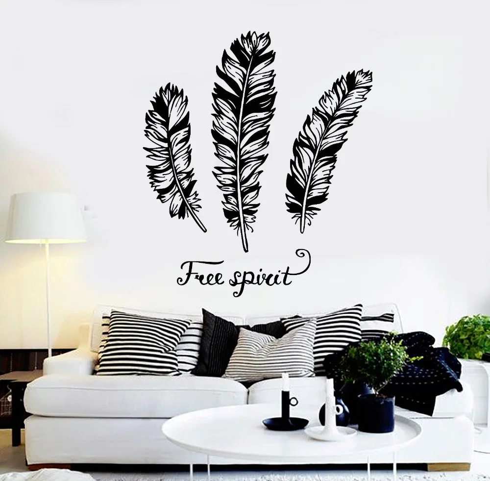 Creative Vinyl Wall Decal Feathers Quote Free Spirit Ethnic Style Stickers Livingroom Mural Sofa Background Wall Decor Art LA785