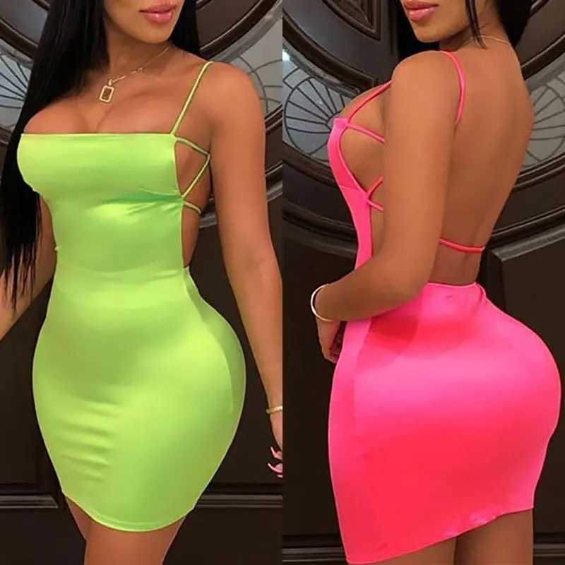 OMSJ Summer Street Neon Green Pink Bodycon Mini Dresses Vestidos Sexy Package Hips Mini Womens Party Club Dress 2023 Mini Dress