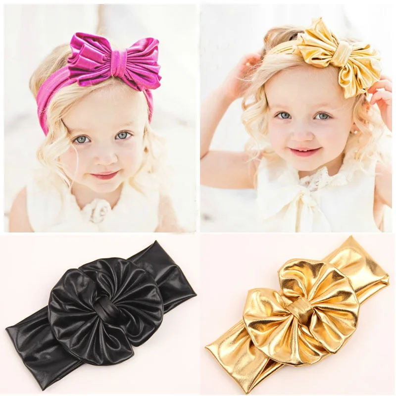 7pcs NEW Arrival Metallic Messy Bow Kids Head wraps Jersey knot Headwraps Big Bow Headbands Gold Knott Headband H163